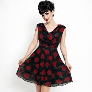 Montgomery Post Women Red Rose Floral Cowl Neck Mesh Dress Black Large NWT